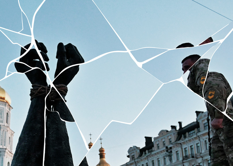An installation dedicated to Ukrainian prisoners of war outside Saint Sophia Cathedral in Kyiv.